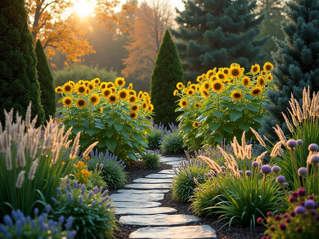 Four-Season Sunflower Garden with Winter Interest - A stunning front yard garden landscape photographed at golden hour, featuring tall sunflowers in full bloom against a backdrop of evergreen boxwoods and blue spruce. Ornamental grasses like Miscanthus catch the light with their feathery plumes. Stone pathways wind through the garden, bordered by winter-blooming hellebores and structural elements like decorative obelisks. The composition shows varying heights and textures, with seed heads from spent sunflowers providing winter interest. Professional garden photography style, high detail, soft natural lighting.