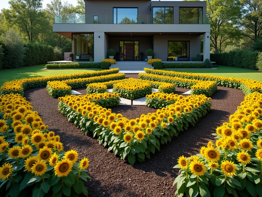 Modern Geometric Sunflower Garden Pattern - A stunning front yard garden featuring an intricate geometric pattern of sunflowers, viewed from a slight elevated angle. In the foreground, tall American Giant sunflowers form perfect square borders, while medium-height Autumn Beauty sunflowers create striking diamond patterns in the middle. Dwarf Suntastic Yellow sunflowers fill triangular sections, all arranged in a precise, contemporary design. The flowers are in full bloom against rich, dark mulch paths that define the geometric edges. Morning light casts subtle shadows that emphasize the mathematical precision of the layout. A modern minimalist house facade is visible in the background, complementing the structured garden design. Photorealistic, architectural garden photography style, 4K, highly detailed.