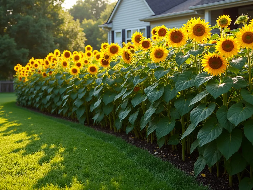 Living Sunflower Privacy Fence - A stunning residential front yard featuring a natural fence line made of tall, closely planted Mammoth sunflowers in full bloom, reaching 12 feet high. The sunflowers create a dense, living wall of golden yellow flowers against deep green stalks and leaves, providing privacy while maintaining a welcoming atmosphere. Early morning sunlight filters through the flowers, casting dappled shadows on a well-maintained lawn. The sunflower fence curves elegantly along the property line, with some flowers turning their faces toward the morning sun. Photorealistic, high detail, warm lighting.