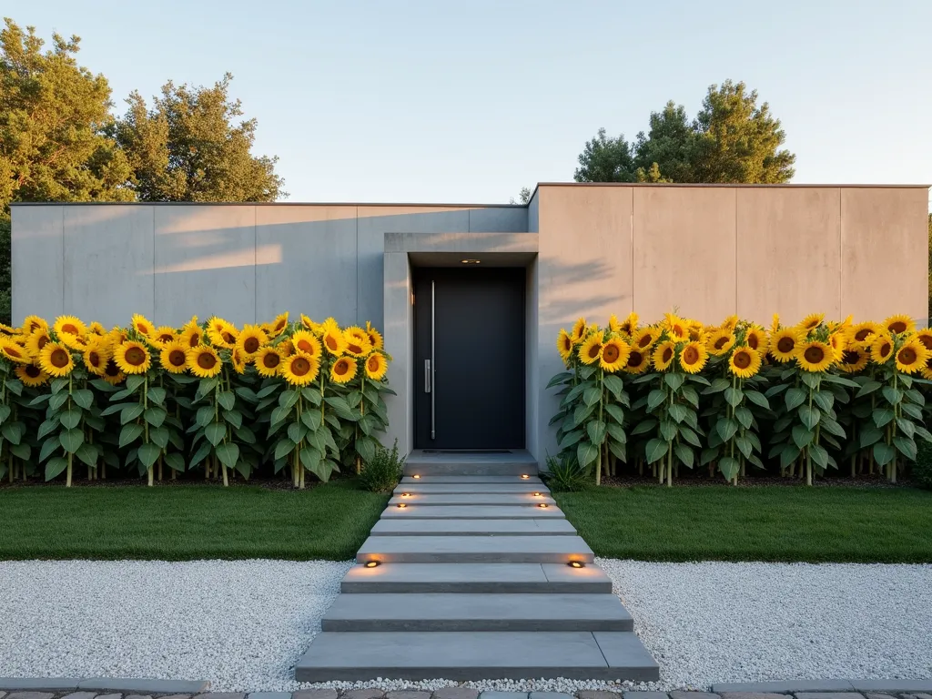 Modern Minimalist Sunflower Row - A sleek, modern front yard landscape featuring a single, precise row of tall, identical Helianthus 'American Giant' sunflowers, perfectly spaced and aligned against a smooth, light grey concrete wall. The sunflowers stand at uniform height, creating strong vertical lines against the contemporary architecture. Clean-cut geometric pavers in light charcoal lead to the entrance, while minimalist ground lighting illuminates the dramatic display. The surrounding ground is covered in fine white gravel, maintaining the modern aesthetic with no other plantings to maintain pure minimalist principles. Shot during golden hour, casting dramatic shadows.