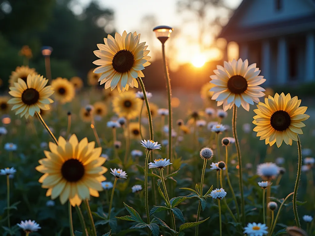 Ethereal Moonlit Sunflower Garden - A dreamy front yard garden at dusk featuring tall, ethereal Moonwalker and Italian White sunflowers glowing in evening light, their pale yellow and cream petals luminescent against the twilight sky. Interspersed with white cosmos, lunar moths, and pearly everlasting flowers. Gentle solar lights nestled among the flowers cast a magical, silvery glow, creating enchanting shadows and highlights. Artistic perspective with soft bokeh effect and misty atmosphere.