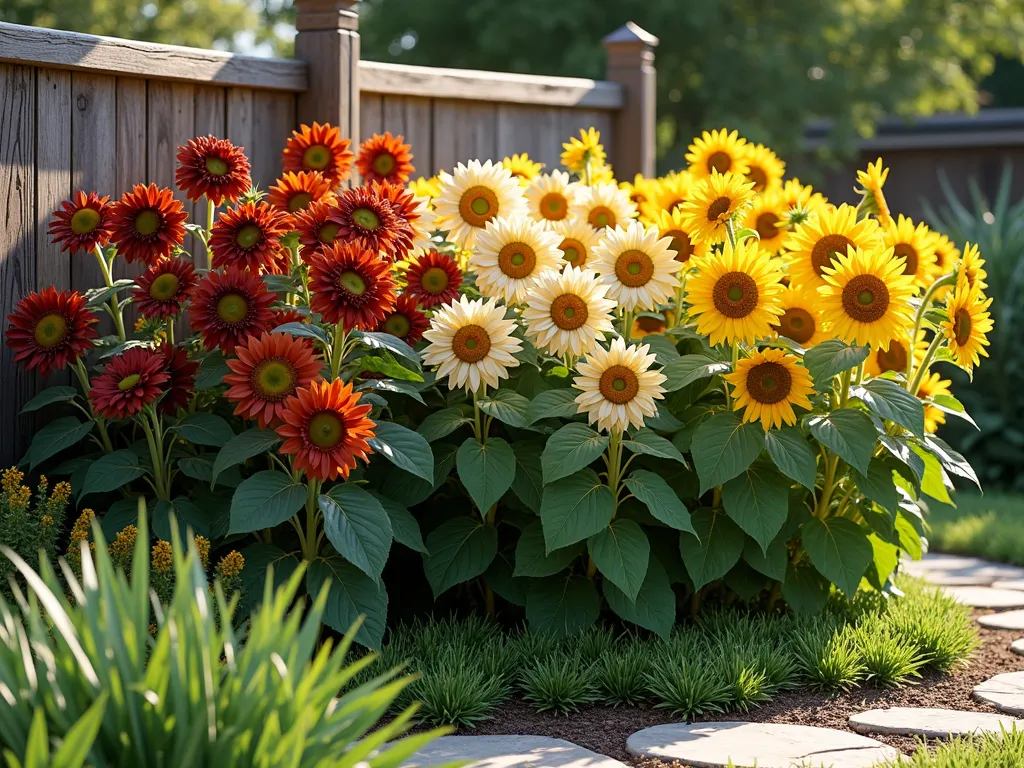 Vibrant Multi-Color Sunflower Garden Display - A stunning front yard garden scene featuring a lush display of varied sunflower varieties in full bloom. Tall burgundy 'Chocolate Cherry' sunflowers stand alongside rust-colored 'Earthwalker' varieties, while creamy 'Vanilla Ice' and classic golden-yellow 'American Giant' sunflowers create a captivating color gradient. The flowers are arranged in natural, overlapping clusters at different heights, casting gentle shadows in the warm morning light. A rustic wooden fence provides a weathered backdrop, while a winding stone path leads through the garden. The composition is anchored by ornamental grasses at the base, creating a professional landscaping aesthetic. Photorealistic, high detail, soft natural lighting.