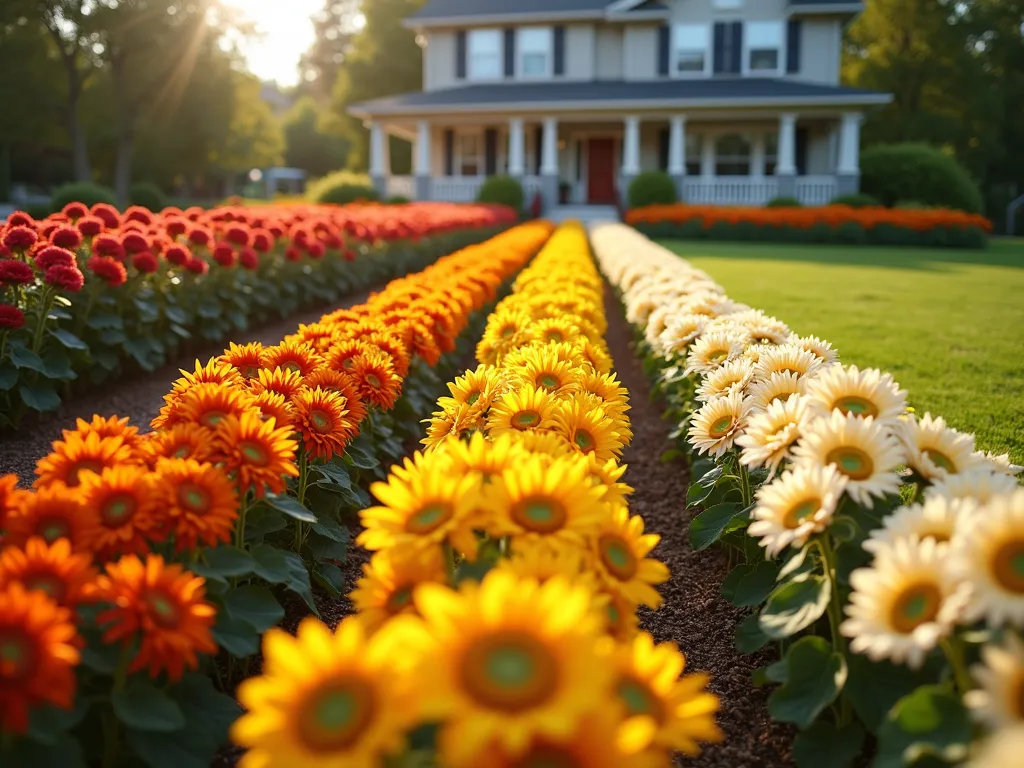 Rainbow Sunflower Gradient Garden - A stunning front yard garden featuring rows of sunflowers arranged in a beautiful rainbow gradient pattern, transitioning from deep burgundy red sunflowers in the back, through rich orange varieties in the middle, to bright golden yellows and soft creamy whites in the front. The flowers are in full bloom, creating a spectacular natural color progression against a softly blurred craftsman-style home backdrop. Morning sunlight gently illuminates the flowers, creating a warm, ethereal glow across the gradient. A neat mulched pathway curves gently through the display, photorealistic style, high detail, rich colors