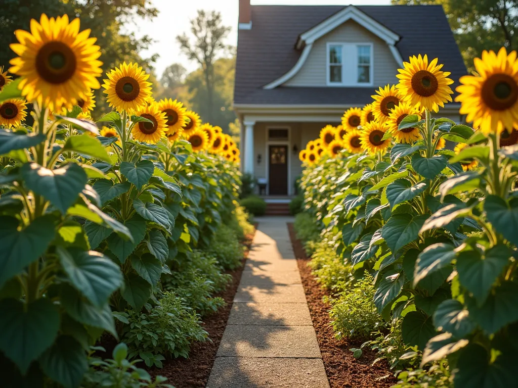 Staggered Sunflower Garden Display - A stunning front yard garden featuring sunflowers planted in an elegant zigzag pattern, with heights varying from 3 to 8 feet tall. Tall Russian Mammoth sunflowers stand majestically behind medium-height Autumn Beauty varieties, followed by shorter Teddy Bear sunflowers in front. Golden yellow and bronze blooms create a dramatic dimensional display against a charming cottage-style home. Morning sunlight filters through the flowers, casting dappled shadows on a neat mulched pathway. The carefully planned arrangement shows perfect spacing between plants, with some flowers reaching full bloom while others are just beginning to open, 4k, photorealistic, golden hour lighting