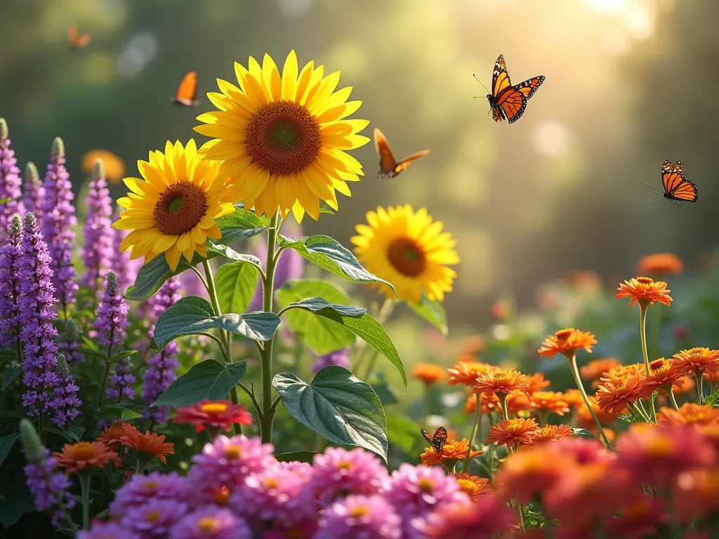 Sunflower Butterfly Haven - A dreamy front yard garden scene with tall golden sunflowers as the backdrop, surrounded by purple butterfly bush and clusters of orange and pink lantana. Patches of multicolored zinnias in pink, orange, and red create a lower layer. Several monarch and swallowtail butterflies flutter among the flowers. The scene is captured in warm, late afternoon sunlight with a soft bokeh effect, creating a magical cottage garden atmosphere. Photorealistic, high detail, vibrant colors.