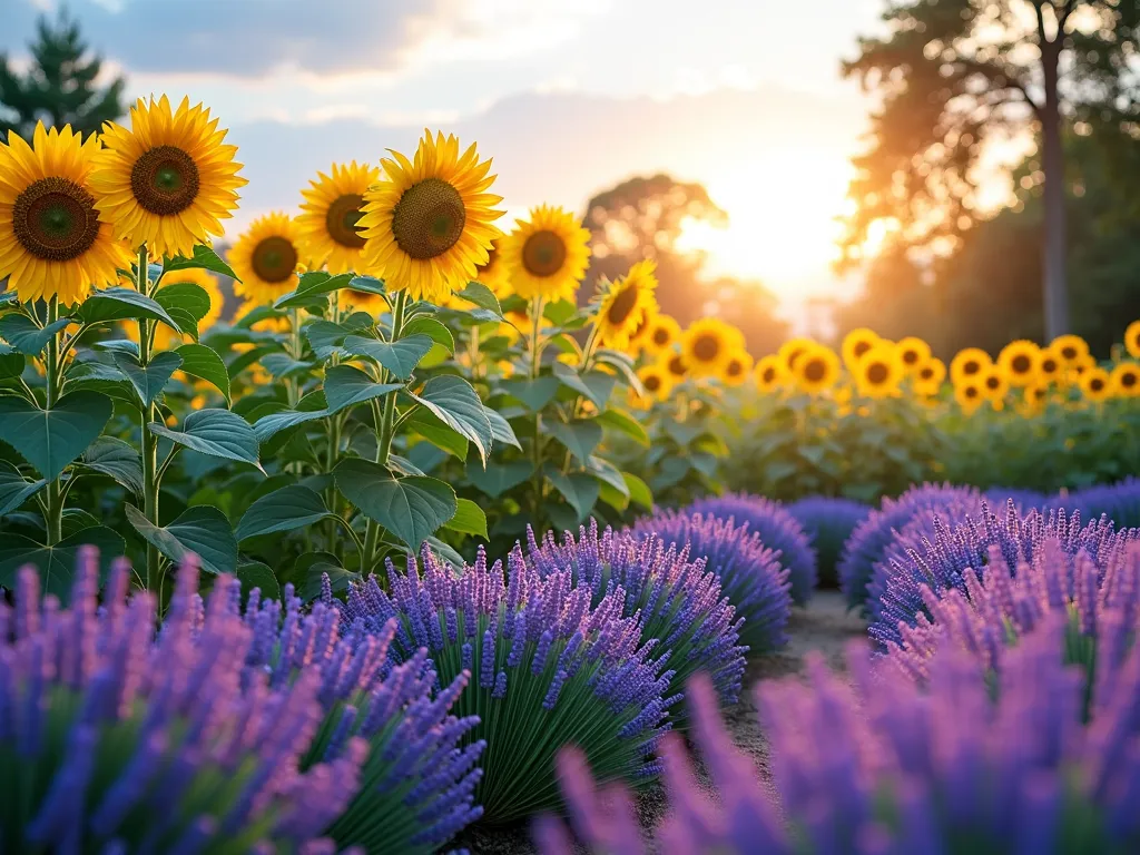 Sunflower and Lavender Garden Border - A dreamy front yard garden scene with tall, majestic sunflowers towering in the background, their golden-yellow blooms reaching 6-8 feet high against a soft blue sky. In the foreground, waves of purple French lavender create a lush, flowing border, their delicate stems swaying gently. The garden is captured during golden hour, with warm sunlight highlighting the contrast between the bright yellow sunflowers and the rich purple lavender. The composition shows multiple layers of depth, with the lavender border wrapping around in a gentle curve, leading the eye to the dramatic sunflowers. Photorealistic, high detail, professional garden photography style.