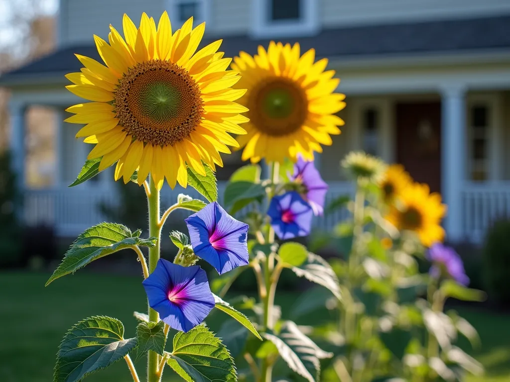 Sunflower and Morning Glory Vertical Garden - A stunning front yard garden scene featuring tall, golden sunflowers reaching 8-10 feet high, with vibrant blue and purple morning glories gracefully climbing up their sturdy stalks. The morning glory vines spiral naturally around the sunflower stems, creating a beautiful vertical display. Soft morning light illuminates the scene, casting gentle shadows and highlighting the contrasting flowers. The sunflowers' large faces are turned slightly eastward, while the morning glory blooms are fully open, creating a magical, cottage garden atmosphere. The background shows a welcoming house facade, slightly blurred, with other garden elements softly visible.