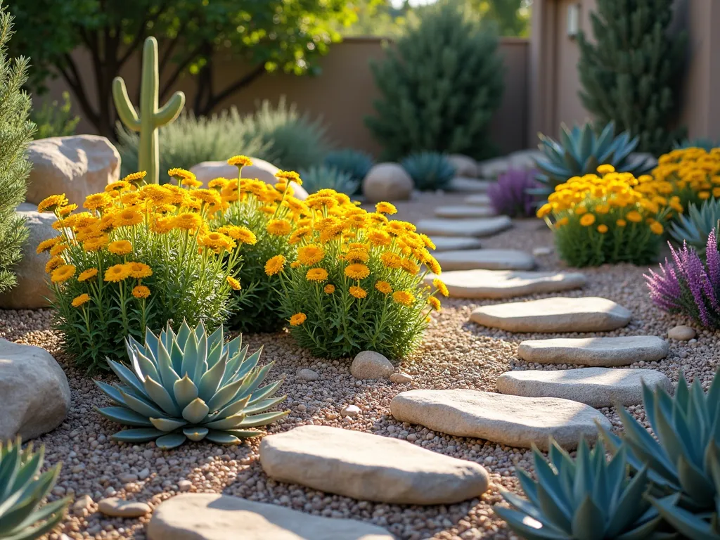 Sunflower Rock Garden Harmony - A stunning front yard garden featuring clusters of golden dwarf sunflowers (2-3 feet tall) scattered among smooth river rocks and geometric boulders. Various succulents in blue-green and purple hues nestle between the rocks, creating a natural desert-inspired layout. The sunflowers' soft petals contrast beautifully with the rugged stone elements, captured in warm afternoon light with slight shadows adding depth. The garden has a contemporary southwestern design with clear pathways and varying heights, photographed from a low angle to emphasize the harmonious composition.