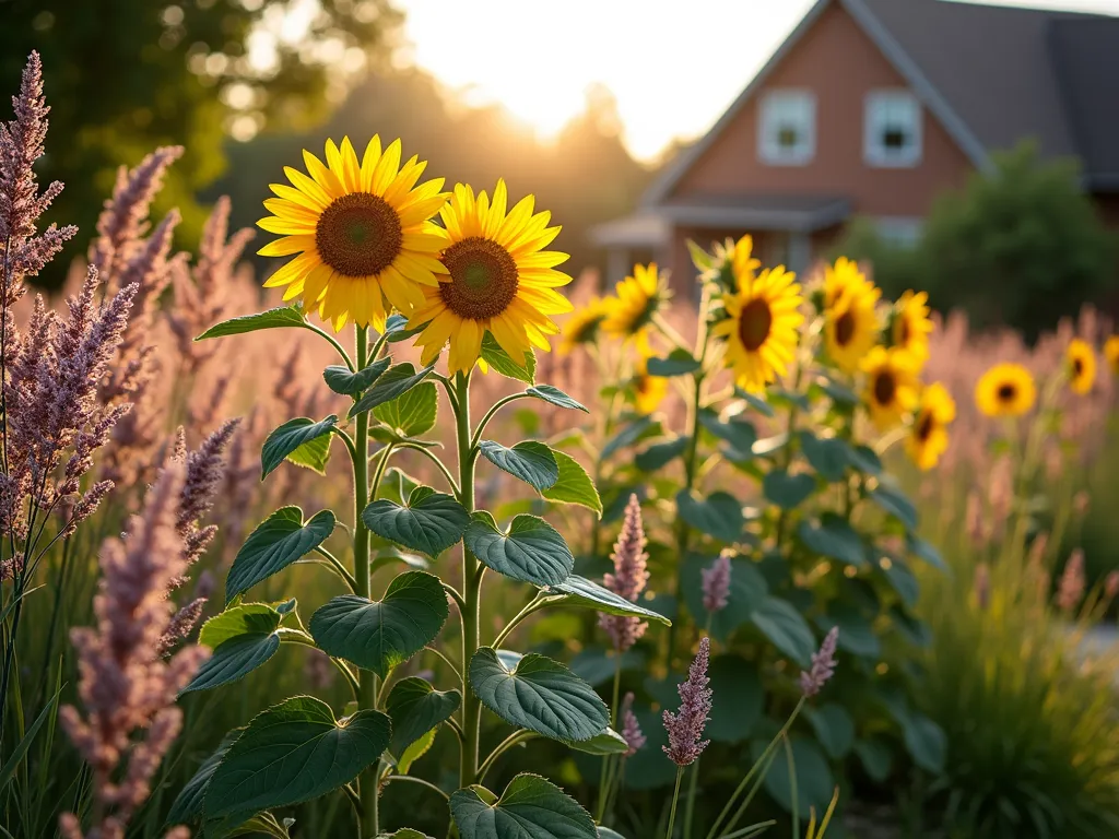 Swaying Sunflowers with Ornamental Grasses - A stunning front yard garden featuring tall golden sunflowers rising majestically among flowing purple fountain grass and feather reed grass, captured during golden hour. The ornamental grasses create waves of movement in the foreground, while the sunflowers stand proud against a soft-focused background. Natural lighting casts warm shadows across the textural landscape, highlighting the contrast between the vertical sunflower stalks and the graceful, arching grass plumes. Photorealistic, high detail, depth of field, landscape photography style.