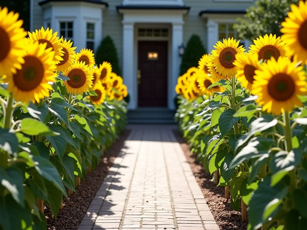 Symmetrical Sunflower Walkway Entrance - A welcoming front walkway photographed in bright morning sunlight, with perfectly symmetrical rows of tall, vibrant yellow sunflowers planted on both sides. The sunflowers are in full bloom, all facing toward the path, creating a natural archway effect. The neat brick or stone pathway leads to an elegant front door of a charming home in the background. The sunflowers are evenly spaced, creating a mirror image on each side, with decorative mulch or pebbles at their base. The scene has a professional landscaping quality with manicured edges and crisp definition, photographed in a lifestyle garden photography style, 4k resolution.