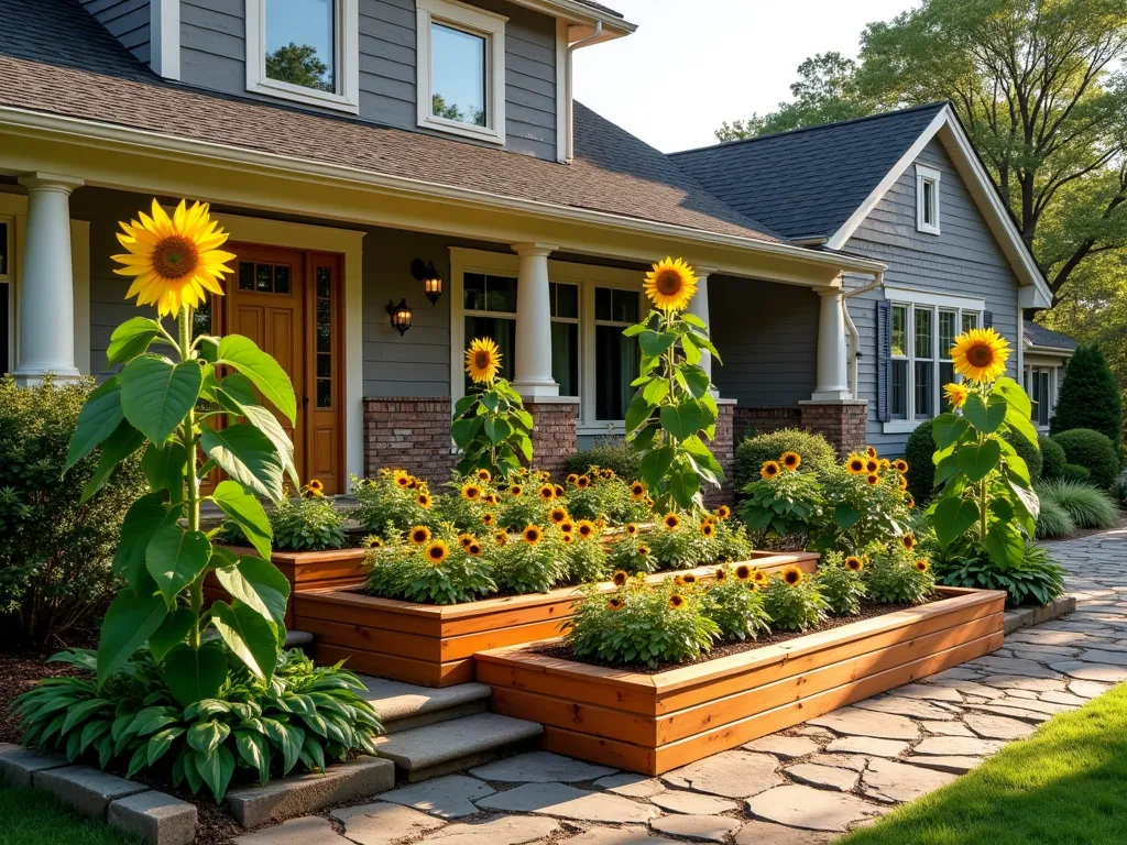 Elegant Tiered Sunflower Garden Display - A professionally landscaped front yard featuring three dramatic wooden tiered raised beds against a charming cottage-style home. The back tier showcases towering 12-foot mammoth sunflowers in full bloom, their golden heads reaching toward the sky. The middle tier displays cheerful 6-foot American Giant sunflowers, while the front tier bursts with compact dwarf Sunspot sunflowers. Morning sunlight casts gentle shadows across the natural cedar raised beds, highlighting their architectural layers. The carefully planned design creates a stunning dimensional display with a perfect gradient of heights, complemented by a rustic stone pathway leading to the entrance. Photorealistic, architectural photography style, golden hour lighting.