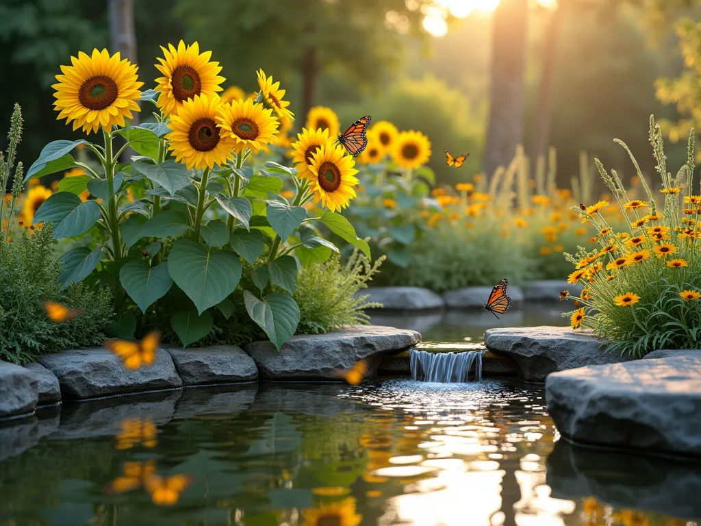 Tranquil Sunflower Pond Garden - A serene garden scene featuring a natural stone-edged pond with a gentle cascading fountain, surrounded by tall, vibrant yellow sunflowers in full bloom. The golden flowers are perfectly reflected in the crystal-clear water, creating a mirror effect. Smaller varieties of sunflowers and ornamental grasses line the pond's edge, while monarch butterflies hover near the flowers. The scene is captured during golden hour, with warm sunlight filtering through the sunflower petals, creating a magical, peaceful atmosphere. Photorealistic, high detail, soft natural lighting, 8k quality.