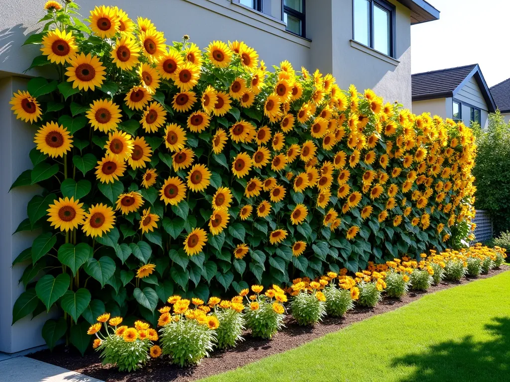 Majestic Vertical Sunflower Privacy Wall - A stunning residential front yard featuring a dramatic 8-foot tall living wall of cascading sunflowers in varying heights and varieties. Multiple rows of sunflowers, from mammoth varieties at the back to shorter dwarf varieties in front, creating a natural privacy screen. The sunflowers range from deep golden yellow to warm burgundy and bronze tones. Captured in bright natural daylight with soft shadows, showing the dimensional layers of the living wall against a modern home facade. The flowers face different directions creating a textured, tapestry-like effect with some blooms turning towards the viewer.