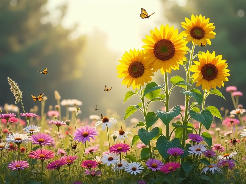 Wildflower Meadow with Sunflowers - A dreamy front yard garden scene featuring tall golden sunflowers towering over a naturalistic meadow of mixed wildflowers. In the foreground, vibrant pink and purple zinnias, white and pink cosmos, and cheerful black-eyed susans create waves of color. The flowers are gently swaying in the breeze, with butterflies and bees hovering over the blooms. Soft morning light filters through the scene, creating a magical, cottage-garden atmosphere. The informal, natural planting style gives the impression of a wild meadow, with flowers at various heights creating depth and visual interest.