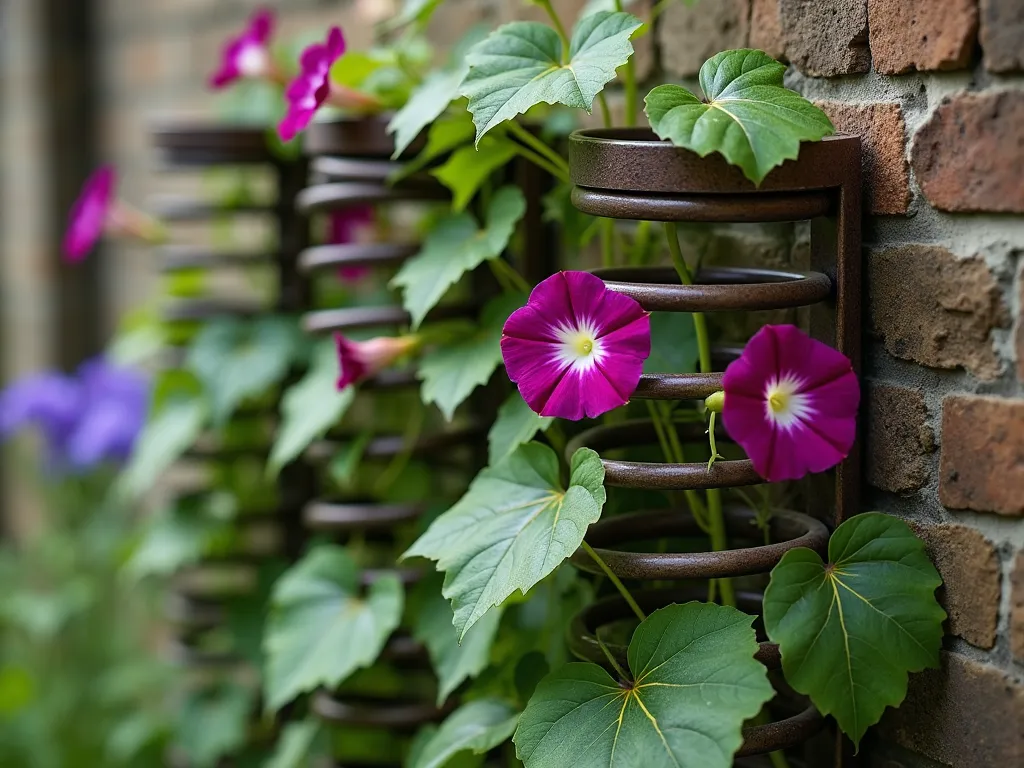 Bed Spring Trellis - Antique bed springs mounted vertically with morning glory vines growing through coils, rustic garden wall background, morning dew visible