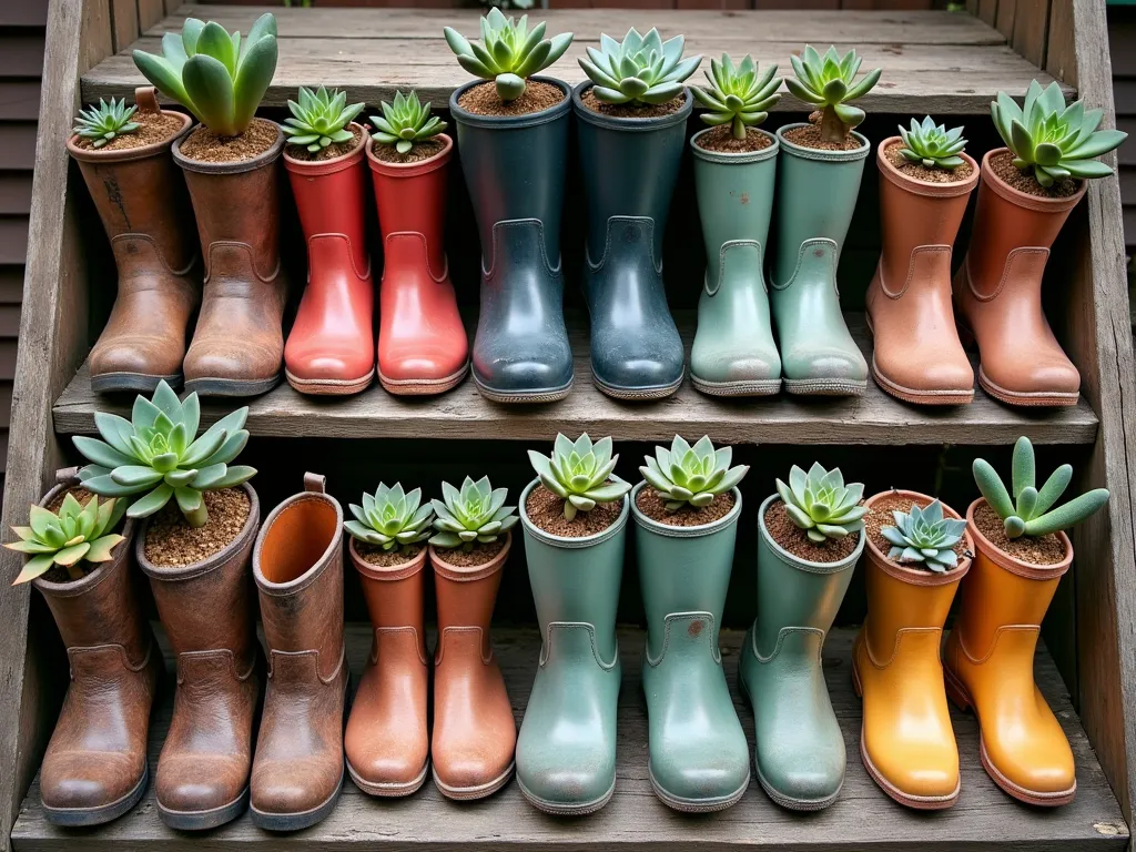 Boot Succulent Garden - Collection of weathered leather boots and colorful rubber boots filled with various succulents, arranged on rustic wooden steps, top-down view