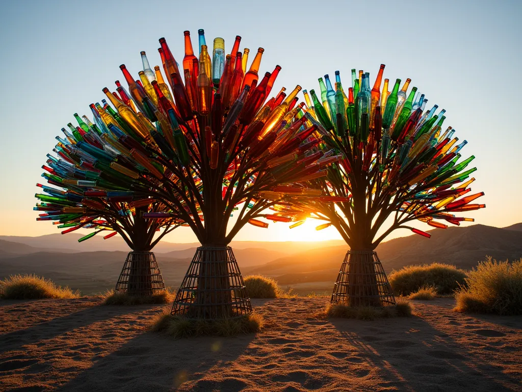 Bottle Tree Sculpture - Metal structure with colored glass bottles arranged in tree formation, sunset light streaming through bottles, creating colored shadows on ground