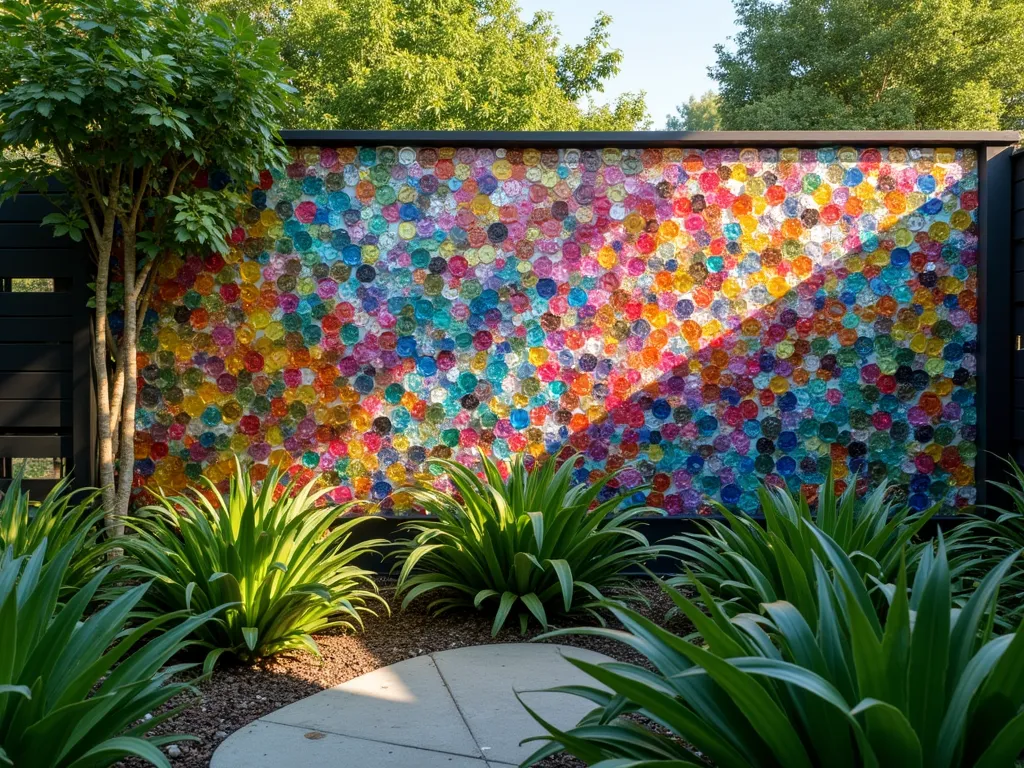 CD Mosaic Wall - Garden wall covered in broken CD mosaic creating rainbow light effects, surrounded by green plants, bright daylight, abstract patterns