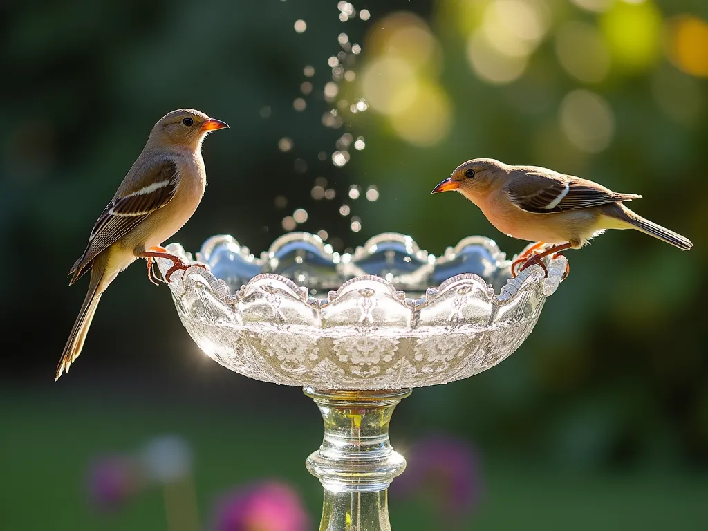 Chandelier Bird Bath - Antique crystal chandelier converted into a bird bath, water droplets catching morning light, birds perched on edges, blurred garden background