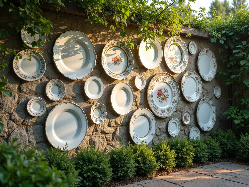 China Plate Flower Wall - Garden wall decorated with vintage china plates arranged in artistic pattern, mixed with mirrors, afternoon sun creating light reflections