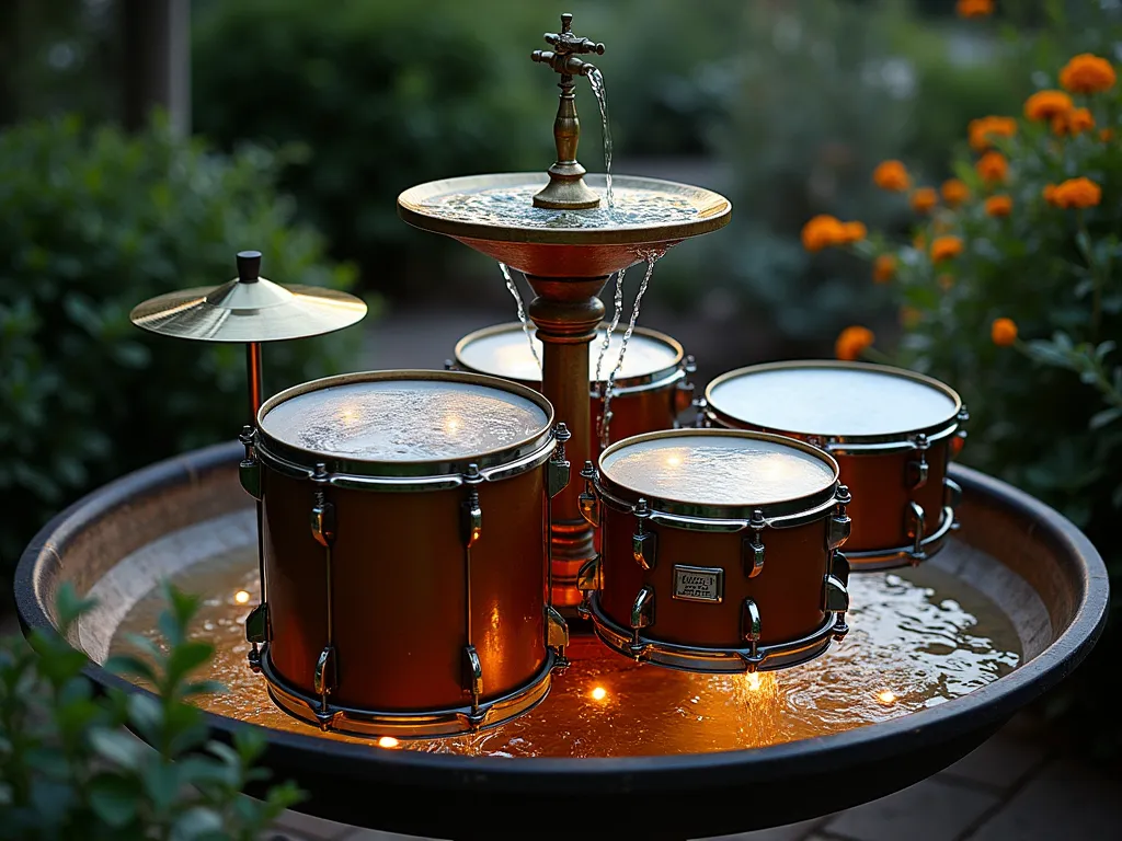 Drum Kit Fountain - Vintage drum set transformed into tiered fountain, water cascading over cymbals, mood lighting, evening garden scene