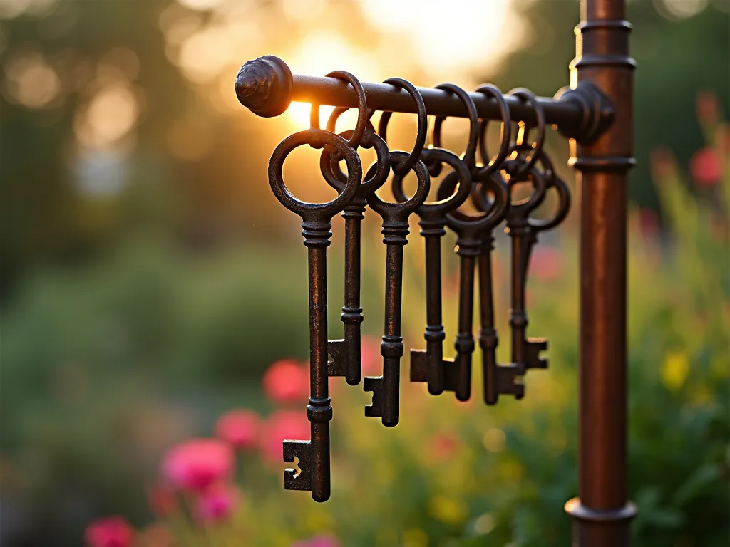 Key Wind Spiral - Spiral arrangement of vintage keys catching sunlight, mounted on copper pole, slight motion blur, garden flowers in background