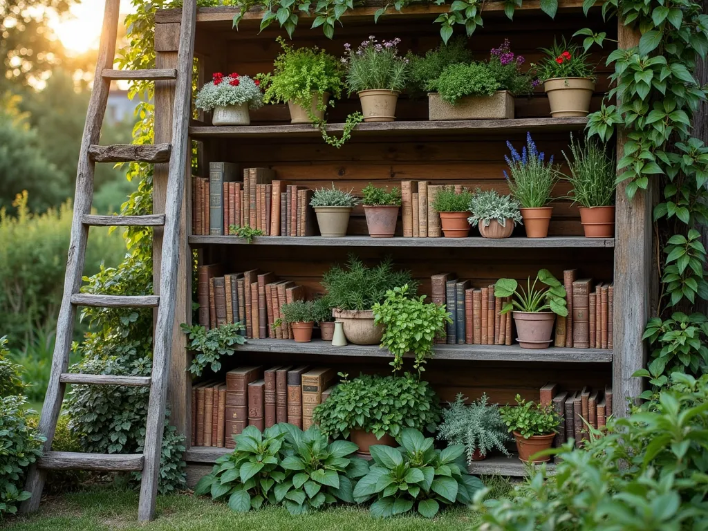 Ladder Plant Library - Weathered wooden ladder against garden wall, multiple shelves with potted herbs and vintage books, warm evening light, cottage garden setting