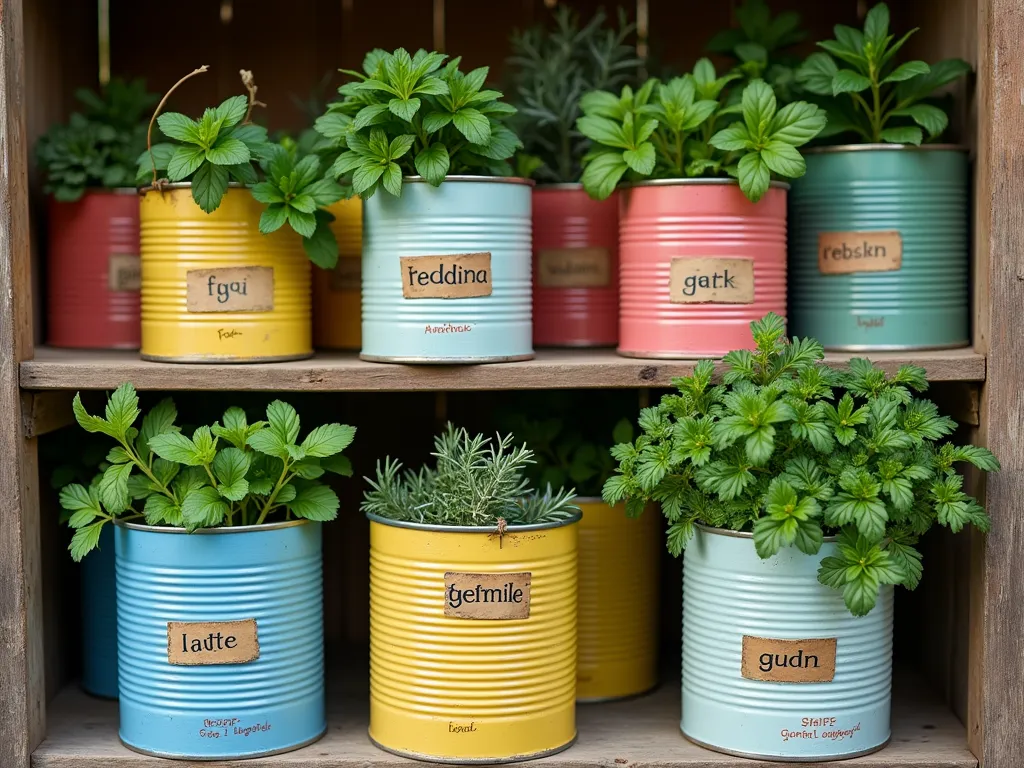 Paint Can Herb Garden - Collection of cleaned paint cans painted in bright colors, arranged on tiered stand, filled with fresh herbs, hand-painted labels visible, overhead view