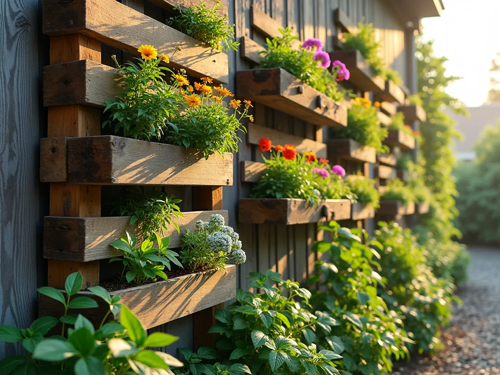 Pallet Living Wall - Vertical garden made from multiple wooden pallets mounted on wall, overflow of colorful flowers and herbs between slats, mid-morning light