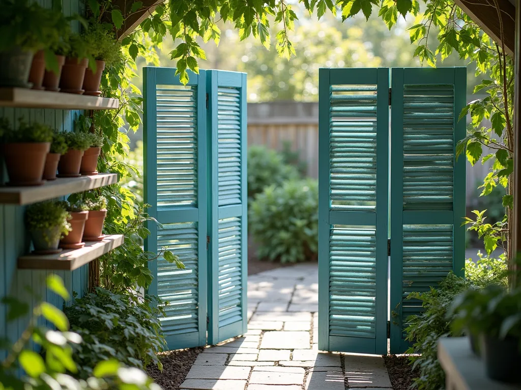 Shutter Privacy Screen - Folding screen made from vintage shutters painted in beach-house blue, small potted plants on shelves, dappled sunlight, garden path visible