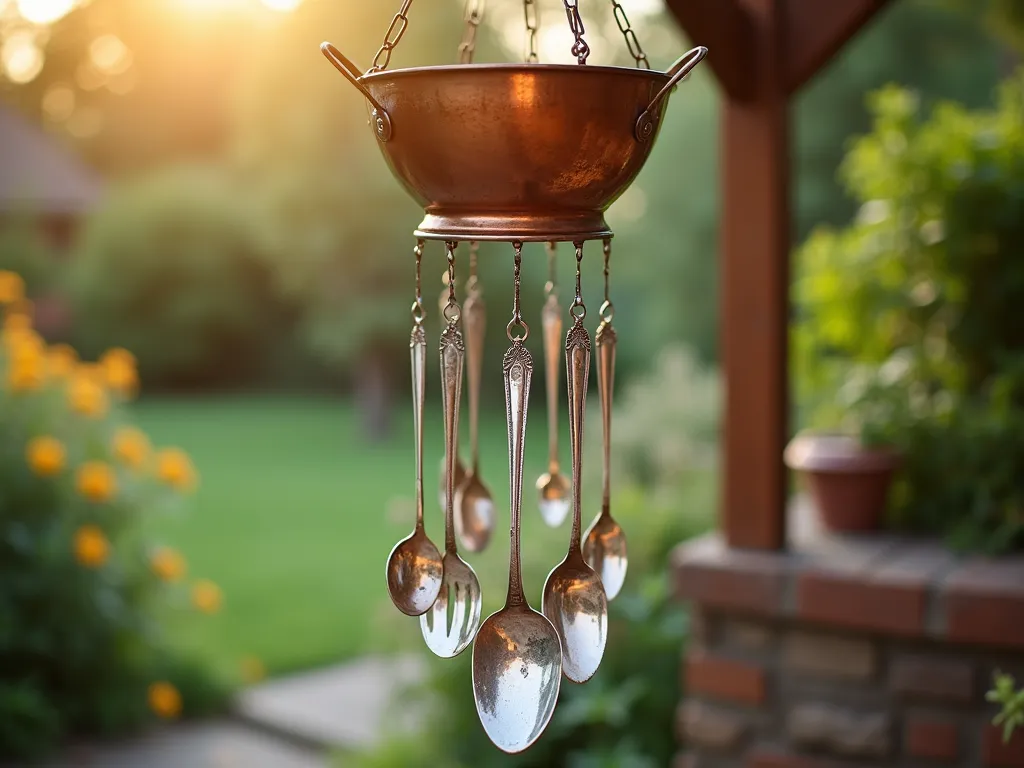 Silverware Wind Chimes - Vintage silverware wind chimes hanging from copper colander, soft motion blur, late afternoon golden light, garden background