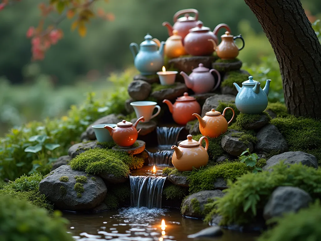 Teapot Waterfall - Evening garden scene featuring a vertical arrangement of vintage teapots and cups creating a whimsical waterfall, soft lighting illuminating the water streams, moss and ferns surrounding the base