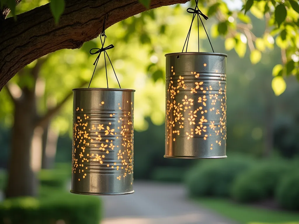 Tin Can Wind Bells - Decorated tin can wind chimes hanging from tree branch, punched patterns creating light effects, soft focus garden background, slight motion blur