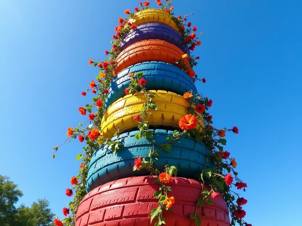 Tire Flower Tower - Tall tower made from painted tires in rainbow colors, overflowing with petunias and trailing vines, blue sky background, low angle shot