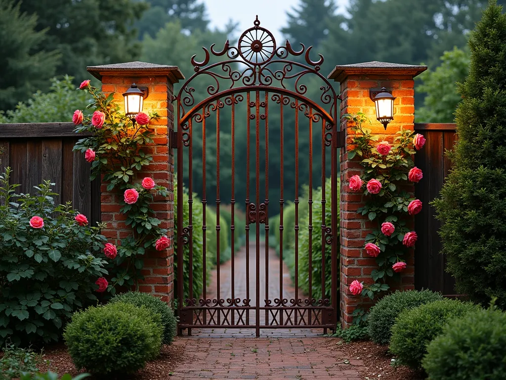 Tool Art Gate - Artistic garden gate made from welded vintage garden tools, patina finish visible, climbing roses along posts, twilight lighting