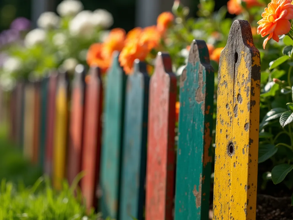 Tool Handle Garden Border - Close-up view of colorful vintage tool handles arranged vertically as garden border, with blooming flowers behind them, afternoon sunlight casting interesting shadows