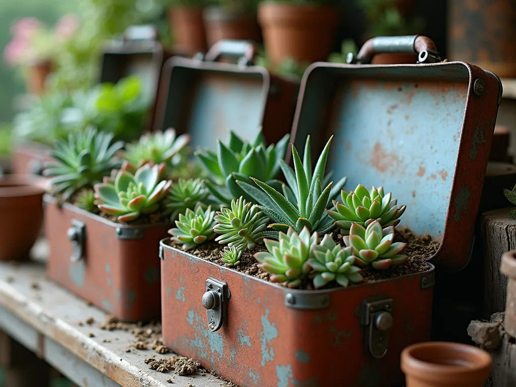 Toolbox Succulent Display - Rustic metal toolboxes with patina finish, filled with various succulents in architectural arrangement, workshop garden setting, close-up detail