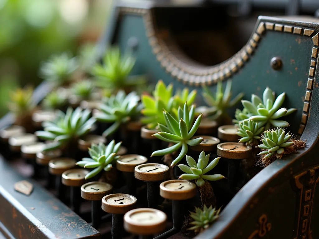 Typewriter Planter - Close-up of an antique typewriter filled with various small succulents growing between keys, patina finish visible, natural lighting