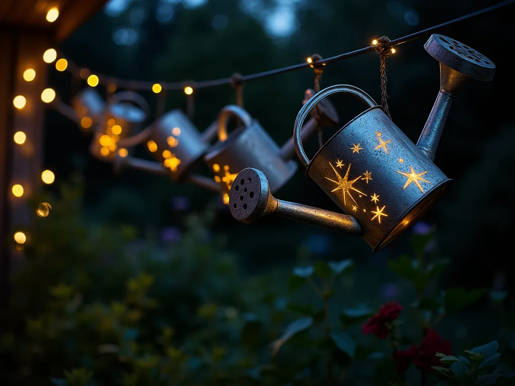 Watering Can Light Feature - Night scene of vintage watering cans hanging at various heights, light streaming through holes, creating starlike effects, dark garden background