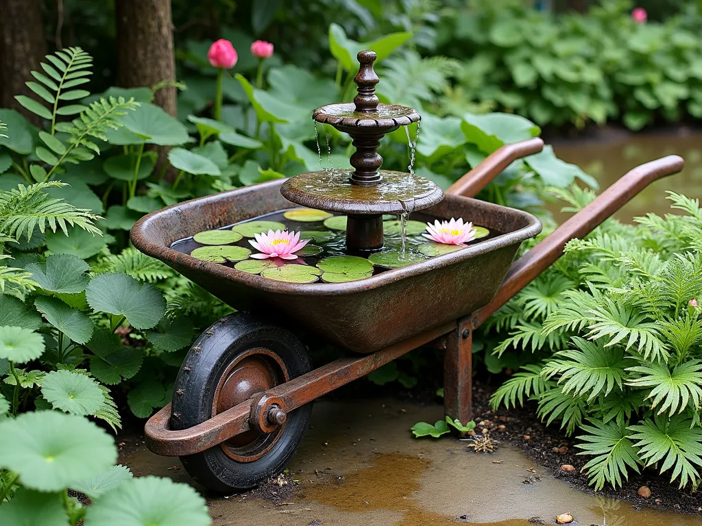 Wheelbarrow Water Garden - Vintage wheelbarrow converted into pond with water lilies and fountain, surrounded by ferns and hostas, natural garden setting, side view