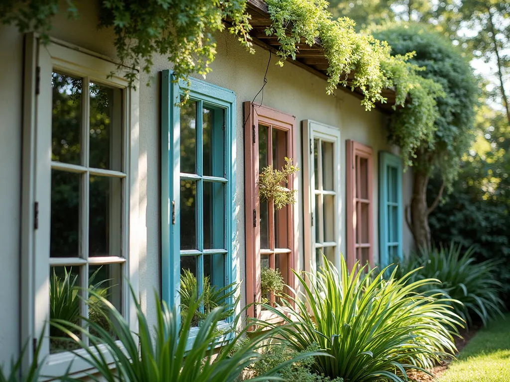 Window Frame Plant Wall - Garden wall decorated with multiple vintage window frames in pastel colors, filled with cascading plants and air plants, side angle view, dappled sunlight