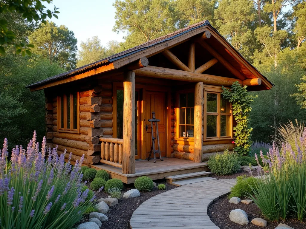 Enchanting Rustic Log Cabin Art Studio in Garden Setting - A DSLR wide-angle shot of a charming rustic log cabin art studio nestled within a lush garden setting at golden hour. The intimate wooden structure features authentic round logs with dovetail corners, a small covered porch with wooden railings, and large windows allowing natural light to flood in. The studio is surrounded by a thoughtfully landscaped garden with native wildflowers and ornamental grasses swaying in the breeze. A handcrafted wooden pathway leads to the cabin's entrance, lined with blooming lavender and natural stone borders. The warm evening light casts long shadows across the scene, highlighting the rich texture of the wood and creating a cozy, inspiring atmosphere. A vintage wooden easel is visible through the window, while climbing roses gracefully adorn one corner of the porch. Captured with pristine clarity at f/8, showcasing the perfect balance of architectural detail and natural garden elements.