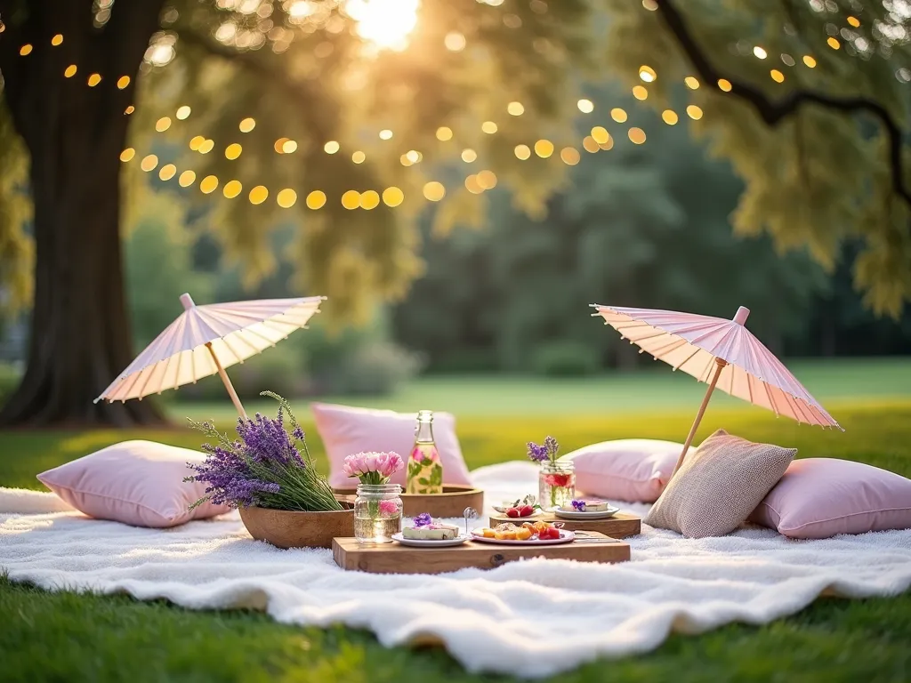 Boho Garden Baby Shower Picnic Setting - A dreamy late-afternoon garden scene with dappled sunlight filtering through mature oak trees, capturing an elegant boho-style baby shower picnic setup. Multiple plush white and cream Turkish blankets are artfully arranged on a manicured lawn, adorned with blush pink and dusty rose velvet cushions. Low wooden tea tables decorated with fresh lavender and garden roses hold individual charcuterie boards. Vintage-style parasols in soft pastels provide shade, while mason jars filled with cucumber-mint infused water and floating flower petals add a refreshing touch. String lights are delicately draped overhead between trees, creating a magical atmosphere. Shot from a 45-degree angle to showcase the layered textures and intimate setting, with a soft bokeh effect in the background highlighting the garden landscape. DSLR, f/8, ISO 100, 1/125