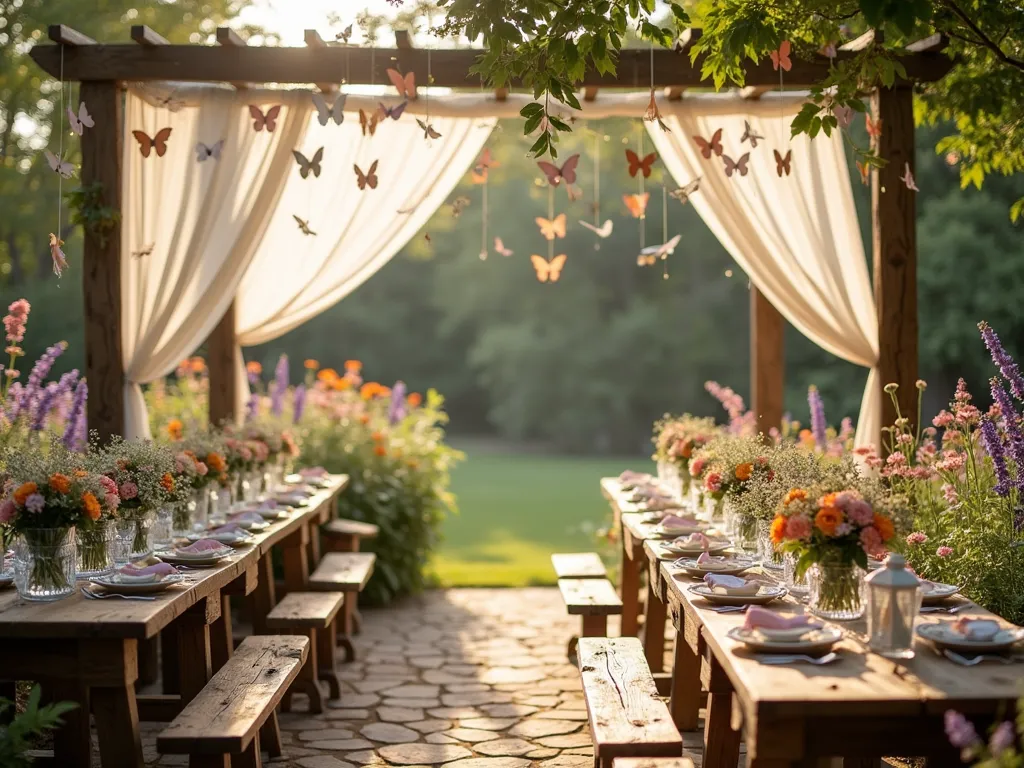 Enchanted Butterfly Garden Baby Shower - A dreamy late afternoon garden scene captured with a wide-angle lens showing a magical baby shower setup. A rustic wooden pergola draped with flowing white chiffon fabric creates an ethereal canopy, while dozens of delicate paper butterflies in soft pastels dance from silk threads above. Natural sunlight filters through creating a golden glow. The foreground features vintage-style wooden tables adorned with hand-painted butterfly name cards and crystal cake stands holding butterfly-wing sugar cookies. Blooming lantana and zinnia gardens frame the scene in vibrant purples, pinks, and oranges, with real butterflies visiting the flowers. Crystal vases hold freshly cut garden roses and baby's breath, while paper lanterns and tiny fairy lights add a whimsical touch. Shot at f/2.8 to create a dreamy bokeh effect in the background garden.