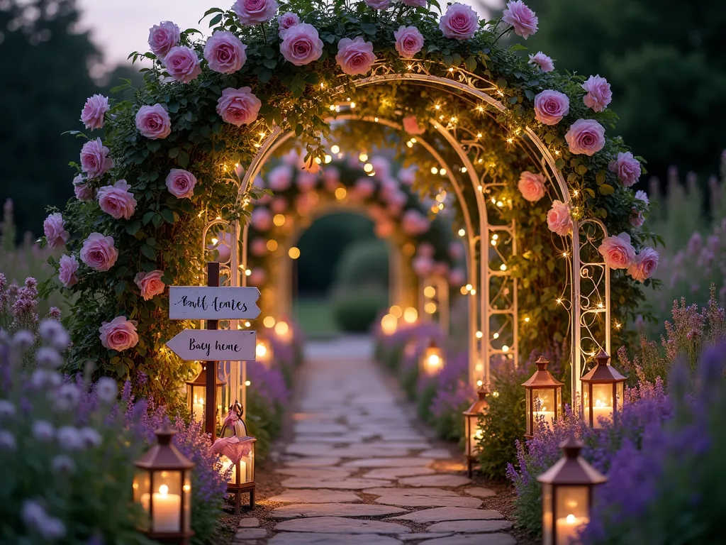 Enchanted Garden Baby Shower Pathway at Dusk - A dreamy garden pathway photographed at dusk with a 16-35mm lens, f/2.8, ISO 400. A romantic curved pathway leads through an ornate white metal arch completely covered in climbing pink David Austin roses and delicate white fairy lights. Vintage-style copper lanterns with soft glowing candles line both sides of the stone pathway, tied with pale pink silk ribbons. Weathered wooden signs shaped like arrows point the way, hand-painted with baby milestones in elegant calligraphy. The borders overflow with cottage garden flowers including delphiniums, foxgloves, and lavender. The scene is captured from a low wide angle, showing the magical tunnel effect of the illuminated arch against the dusky purple sky, with bokeh effects from the twinkling lights creating a ethereal atmosphere.