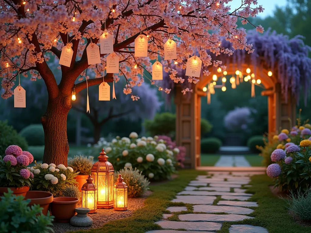 Enchanted Garden Baby Wish Tree at Dusk - A magical twilight garden scene featuring a graceful weeping cherry tree adorned with twinkling warm white string lights. Delicate pink and white paper cards tied with silk ribbons flutter gently from its branches, each containing heartfelt wishes for the baby. At the tree's base, a collection of vintage-style copper lanterns cast a warm glow, surrounded by blooming hydrangeas, garden roses, and lavender in weathered terracotta pots. Stone pathways wind through the garden, with soft moss growing between the pavers. The scene is captured from a three-quarter angle, showing both the full majesty of the illuminated tree and the intimate details of the wish cards and flowers. The background features a weathered wooden pergola draped with wisteria, creating a dreamy garden atmosphere perfect for a baby shower celebration.