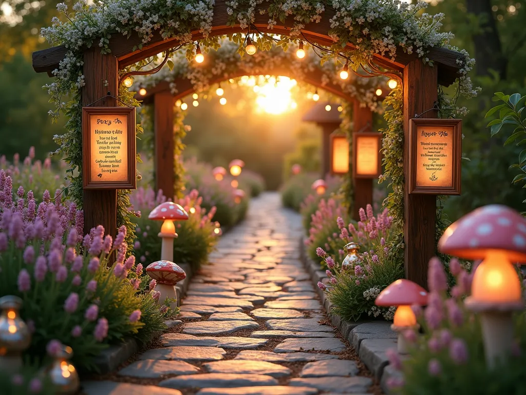 Enchanted Garden Poetry Path at Twilight - A DSLR wide-angle shot capturing a magical garden path at golden hour, illuminated by delicate string lights and vintage lanterns. The winding stone pathway is lined with blooming lavender and soft pink roses, leading through archways covered in climbing jasmine. Rustic wooden posts display ornate frames containing classic nursery rhymes and baby poems, each surrounded by twinkling fairy lights. Motion-activated speakers disguised as decorative mushrooms emit gentle nature sounds. Scattered throughout are whimsical elements like oversized story books, vintage rocking horses, and hand-painted butterflies. The path is softly lit by the setting sun, creating a dreamy, enchanted atmosphere perfect for a garden baby shower. The depth of field shows intricate details of both nearby flowers and the continuation of the magical path into the distance.