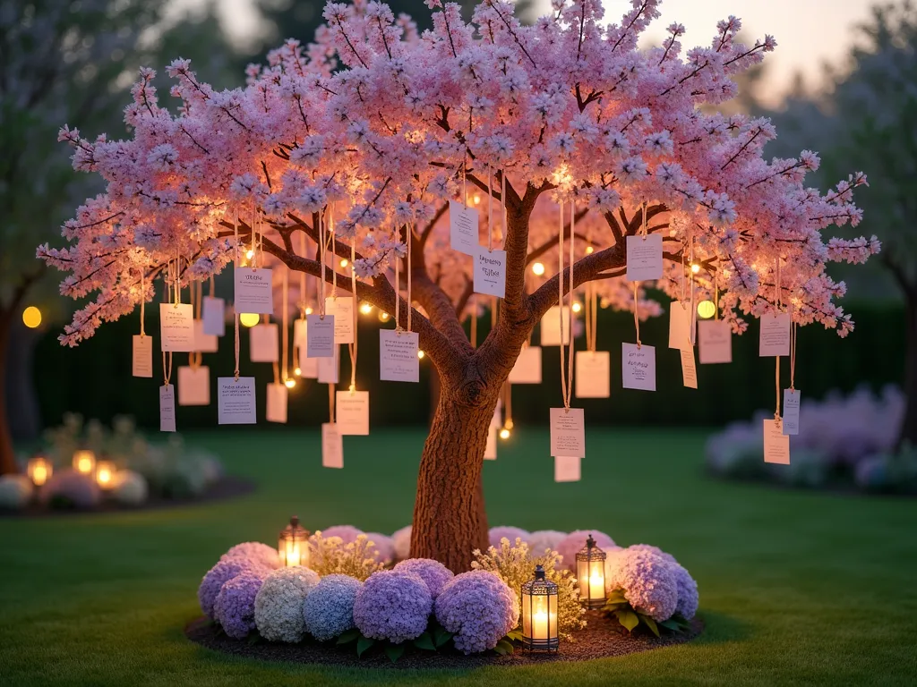 Enchanted Garden Prophecy Tree at Sunset - A magical twilight garden scene featuring a blooming cherry blossom tree decorated as a baby prophecy tree. Soft string lights illuminate delicate, pastel-colored flower-shaped cards hanging from its branches. The cards flutter gently in the evening breeze, each containing handwritten predictions about the baby's future. The tree stands on a manicured lawn, surrounded by a circular garden bed filled with lavender and white hydrangeas. Rose-gold ribbons cascade down the branches, and vintage lanterns placed at the base cast a warm, ethereal glow. Shot from a medium-wide angle at golden hour, with bokeh effects from the string lights creating a dreamy atmosphere. Photographed with a shallow depth of field highlighting the intricate details of the hanging cards and flowers.