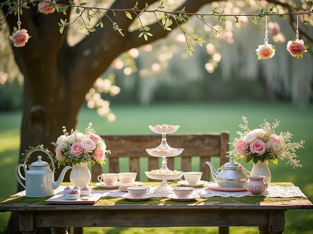 Vintage Garden Tea Party Setting - A dreamy afternoon garden scene captured in soft natural light, featuring an intimate tea party setup on a moss-covered vintage wooden table beneath a weeping cherry tree. Antique porcelain teacups and saucers in pastel hues are artfully arranged alongside silver-tiered stands adorned with ivy garlands and clouds of baby's breath. Crystal cake stands display delicate petit fours and finger sandwiches, while whimsically repurposed vintage watering cans and teapots hanging from tree branches overflow with pink garden roses, lavender sprigs, and trailing jasmine. Dappled sunlight filters through the foliage, creating an ethereal atmosphere enhanced by scattered rose petals and vintage lace table runners. A weathered garden bench draped with a soft throw adds charm to the background, while string lights wrapped in tulle create a magical canopy overhead. Shot with shallow depth of field to capture intricate details while maintaining the enchanted garden atmosphere.