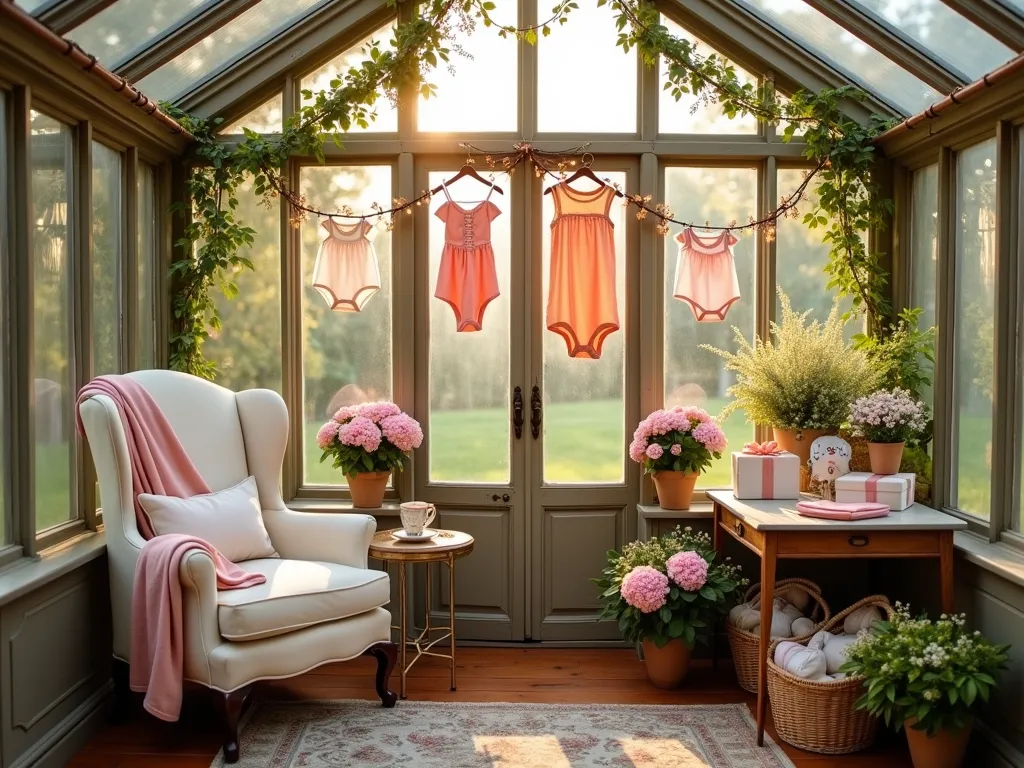 Enchanted Greenhouse Baby Shower Gift Area - A dreamy late afternoon scene of a vintage-style glass greenhouse transformed into a baby shower gift area, photographed with a wide-angle lens at f/2.8. Golden sunlight streams through the glass panels, creating a magical atmosphere. Inside, delicate white string lights intertwine with trailing ivy and jasmine vines along the greenhouse frame. Vintage wooden hangers displaying tiny pastel baby clothes dangle from copper pipes. A cozy ivory wingback chair sits in the corner, draped with a soft blush throw blanket, positioned next to an antique side table with a cup of tea. Gift boxes wrapped in botanical papers are artfully arranged on a weathered wooden table decorated with potted pink hydrangeas and baby's breath. The greenhouse floor features a vintage Persian rug, while wicker baskets with fresh flowers frame the entrance.